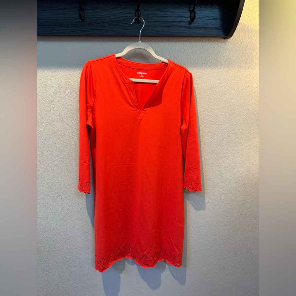 Lands End Orange Swim Dress Coverup Size M Shift Cut Out V Neck 3/4 Sleeves